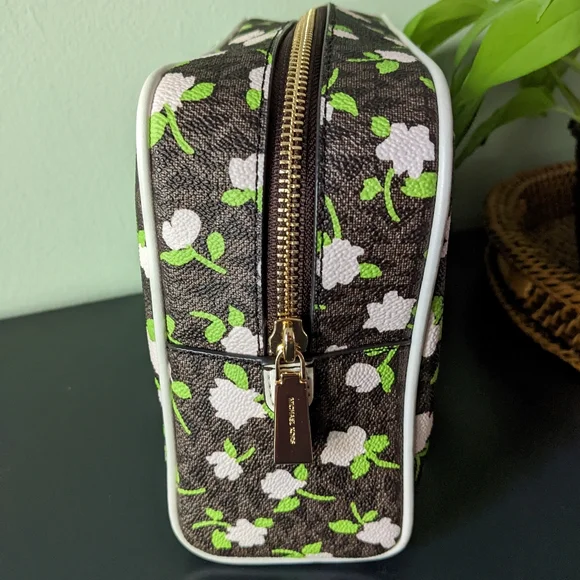 Michael Kors Jet Set Large Zip Travel Cosmetic Pouch Brown Pink Floral Print - Picture 5 of 13